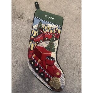 Lands End Needlepoint Christmas Stocking Monogrammed Kyle Train Toys Wool